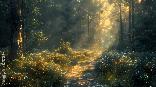 A quiet forest path bathed in the soft, golden light of early morning
