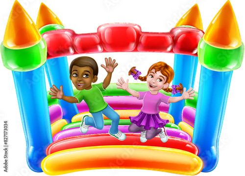 Children jumping and bouncing on a kids bouncy inflatable castle house