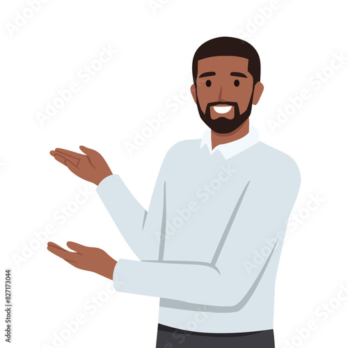 Young man with open hands welcoming people or new member. Flat vector illustration isolated on white background