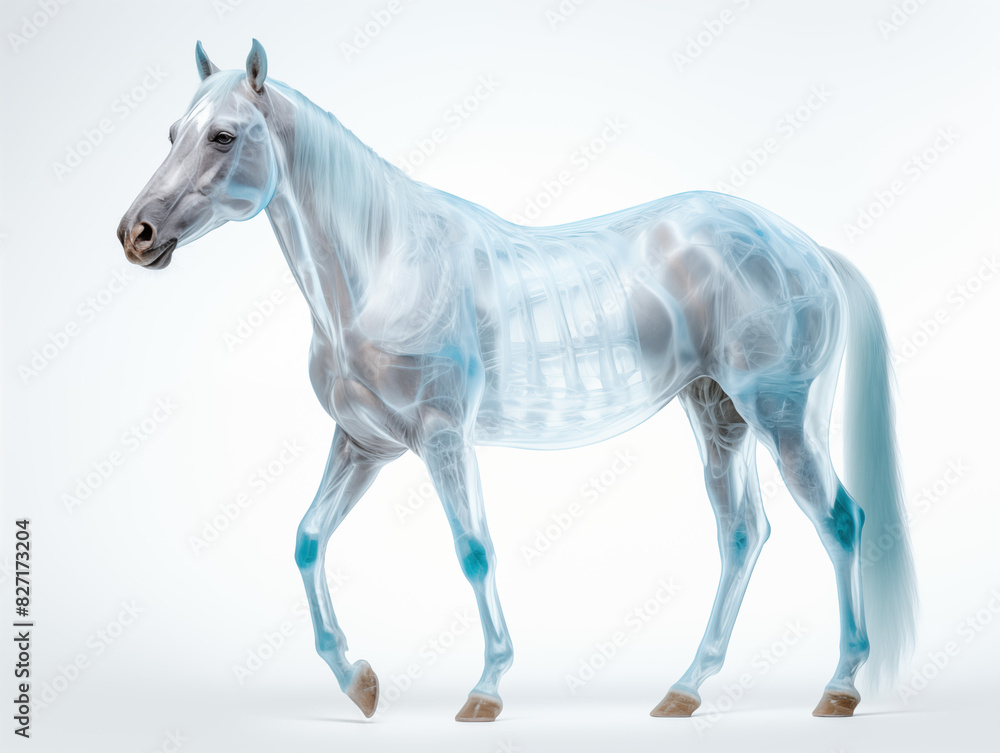 A Horse With A Semi-transparent Skeleton Showcasing A Detailed, Glowing Skeletal Structure On A Clean Pastel Light And White Isolated Background For Commercial Photograph A Horse With A Semi-transparent Skeleton Showcasing A Detailed, Glowing Skeletal Structure On A Clean Pastel Light And White Isolated Background For Commercial Photograph