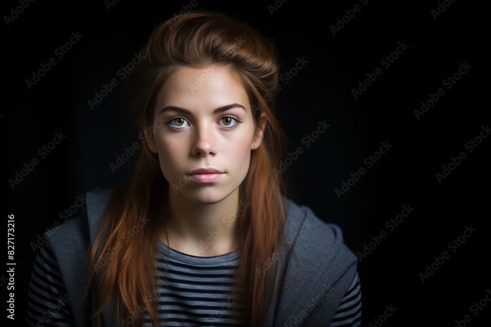 portrait of a young woman in front of a black background