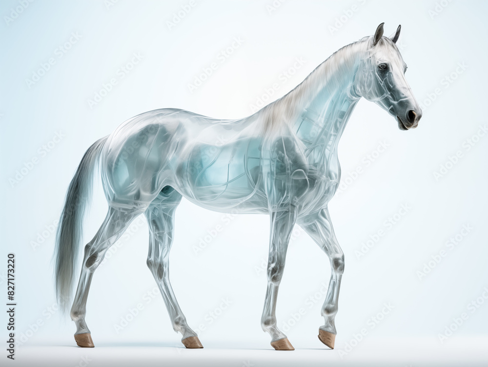 A Horse With A Semi-transparent Skeleton Showcasing A Detailed, Glowing Skeletal Structure On A Clean Pastel Light And White Isolated Background For Commercial Photograph A Horse With A Semi-transparent Skeleton Showcasing A Detailed, Glowing Skeletal Structure On A Clean Pastel Light And White Isolated Background For Commercial Photograph