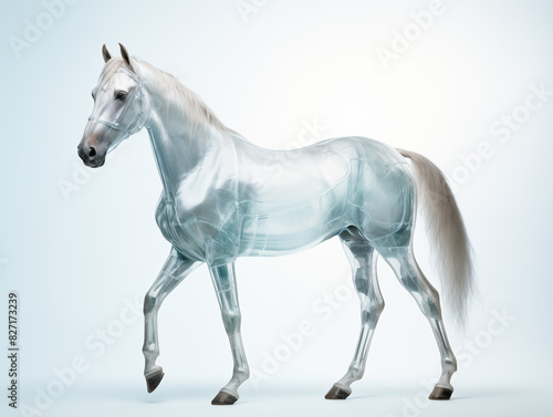 A Horse With A Semi-transparent Skeleton Showcasing A Detailed  Glowing Skeletal Structure On A Clean Pastel Light And White Isolated Background For Commercial Photograph