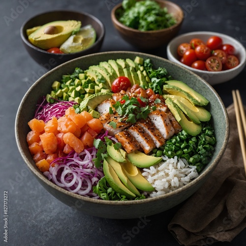A vibrant poke bowl with fresh fish, avocado, and colorful veggies.

