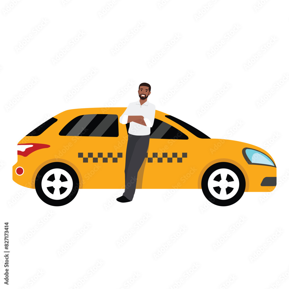 Taxi driver standing next to his car. Flat vector illustration isolated on white background Taxi driver standing next to his car. Flat vector illustration isolated on white background