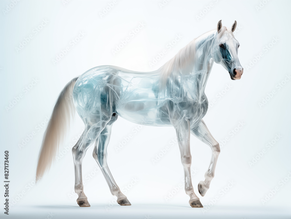 A Horse With A Semi-transparent Skeleton Showcasing A Detailed, Glowing Skeletal Structure On A Clean Pastel Light And White Isolated Background For Commercial Photograph A Horse With A Semi-transparent Skeleton Showcasing A Detailed, Glowing Skeletal Structure On A Clean Pastel Light And White Isolated Background For Commercial Photograph