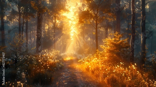 A quiet forest path bathed in the soft  golden light of early morning