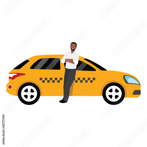 Taxi driver standing next to his car. Flat vector illustration isolated on white background
