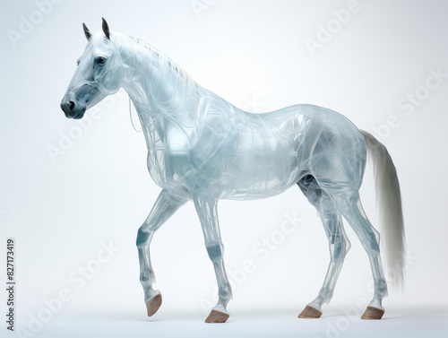 A Horse With A Semi-transparent Skeleton Showcasing A Detailed  Glowing Skeletal Structure On A Clean Pastel Light And White Isolated Background For Commercial Photograph