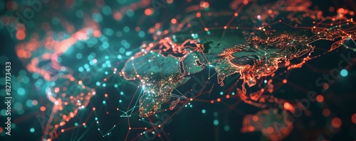 Digital world map made of interconnected neural networks, Tech Visualization, Illustration photo