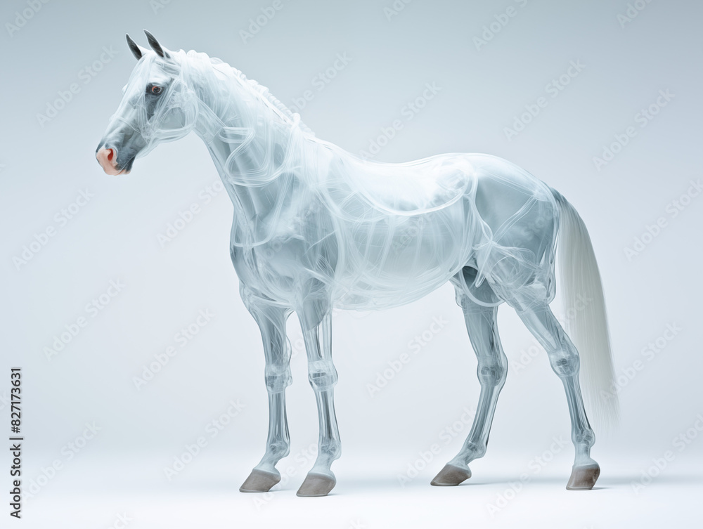 A Horse With A Semi-transparent Skeleton Showcasing A Detailed, Glowing Skeletal Structure On A Clean Pastel Light And White Isolated Background For Commercial Photograph A Horse With A Semi-transparent Skeleton Showcasing A Detailed, Glowing Skeletal Structure On A Clean Pastel Light And White Isolated Background For Commercial Photograph