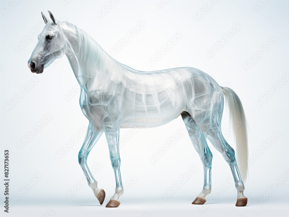 A Horse With A Semi-transparent Skeleton Showcasing A Detailed, Glowing Skeletal Structure On A Clean Pastel Light And White Isolated Background For Commercial Photograph A Horse With A Semi-transparent Skeleton Showcasing A Detailed, Glowing Skeletal Structure On A Clean Pastel Light And White Isolated Background For Commercial Photograph