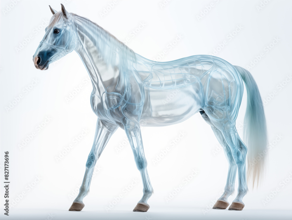 A Horse With A Semi-transparent Skeleton Showcasing A Detailed, Glowing Skeletal Structure On A Clean Pastel Light And White Isolated Background For Commercial Photograph A Horse With A Semi-transparent Skeleton Showcasing A Detailed, Glowing Skeletal Structure On A Clean Pastel Light And White Isolated Background For Commercial Photograph