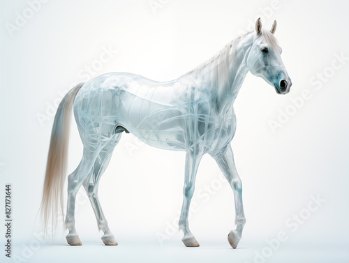 A Horse With A Semi-transparent Skeleton Showcasing A Detailed  Glowing Skeletal Structure On A Clean Pastel Light And White Isolated Background For Commercial Photograph
