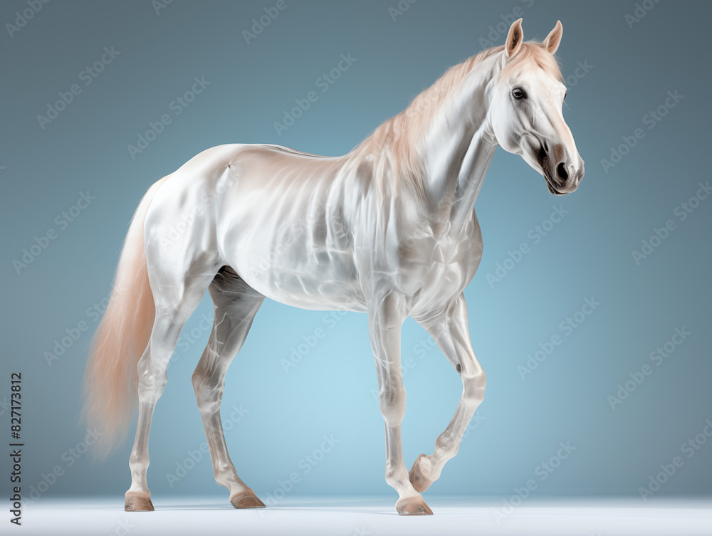A Horse With A Semi-transparent Skeleton Showcasing A Detailed, Glowing Skeletal Structure On A Clean Pastel Light And White Isolated Background For Commercial Photograph A Horse With A Semi-transparent Skeleton Showcasing A Detailed, Glowing Skeletal Structure On A Clean Pastel Light And White Isolated Background For Commercial Photograph