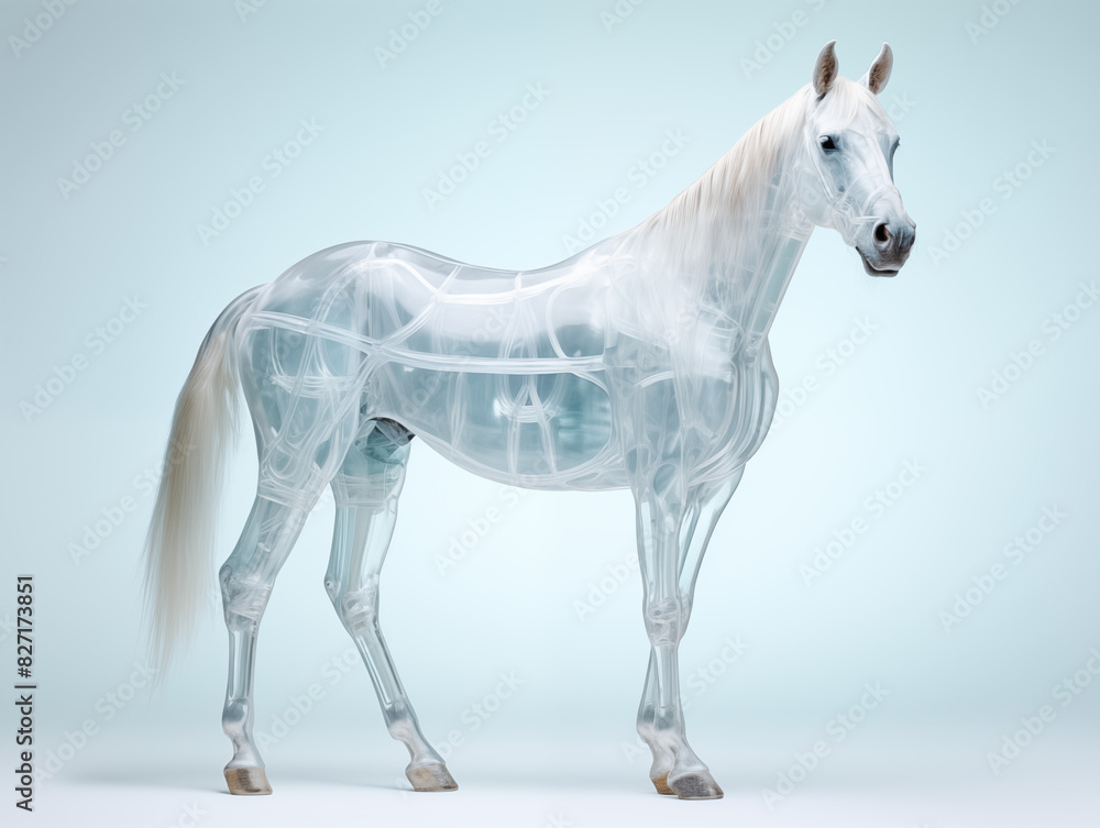 A Horse With A Semi-transparent Skeleton Showcasing A Detailed, Glowing Skeletal Structure On A Clean Pastel Light And White Isolated Background For Commercial Photograph A Horse With A Semi-transparent Skeleton Showcasing A Detailed, Glowing Skeletal Structure On A Clean Pastel Light And White Isolated Background For Commercial Photograph