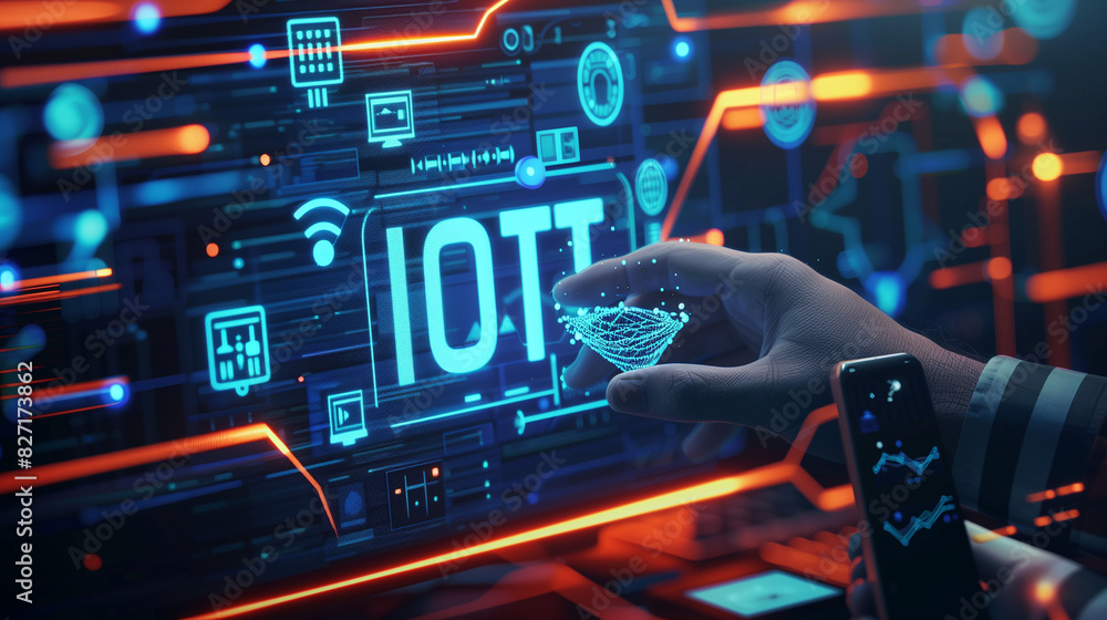 A man is holding a tablet with a blue screen that says 10. The image is of a futuristic scene with a lot of technology and bright colors A man is holding a tablet with a blue screen that says 10. The image is of a futuristic scene with a lot of technology and bright colors