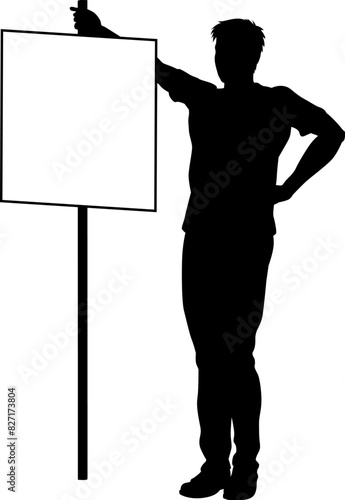 Protestor or demonstrator at a demonstration march, picket line or strike protest rally in silhouette. Holding up a banner or picket sign board placard.