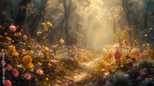 A quiet forest path bathed in the soft  golden light of early morning with pink and yellow flowers