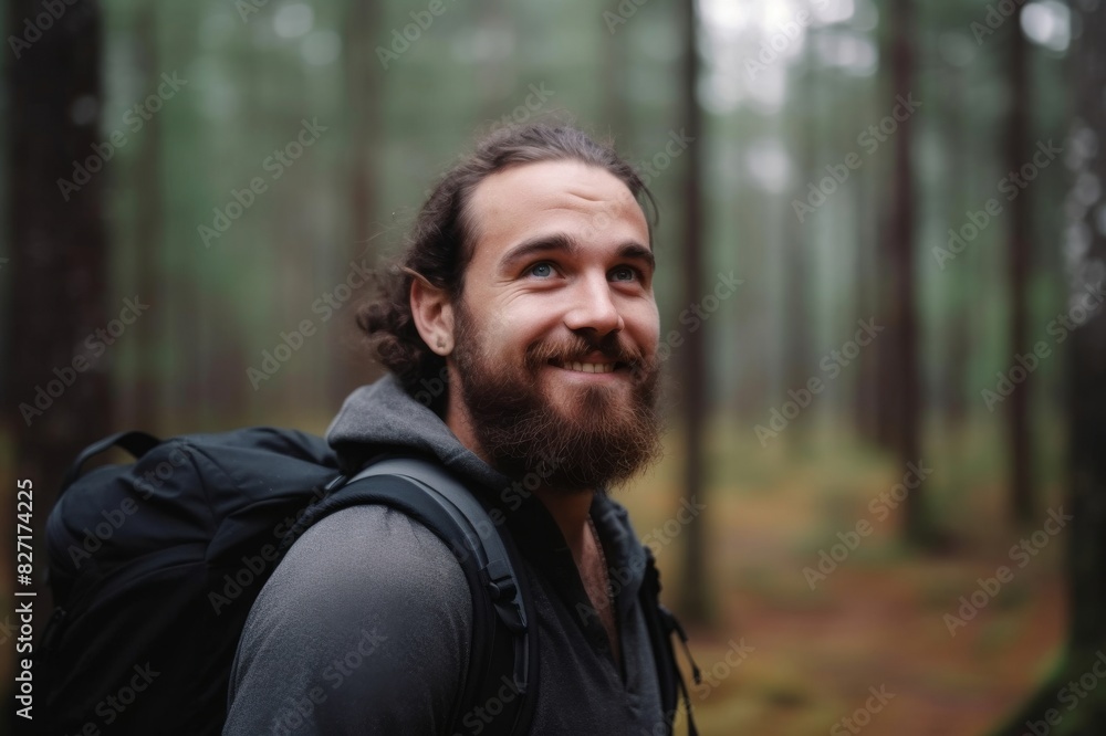 Portrait of young man in the woods. Handsome hiker man with beard, long hair and blue eyes smiling. Pleasure for long walks in nature, healthy lifestyle and tourism