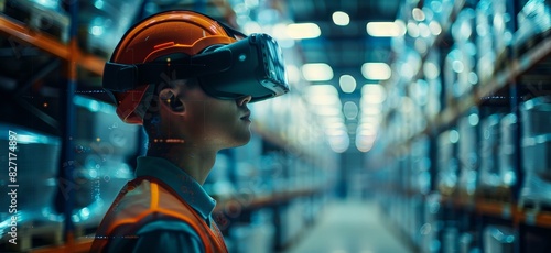 Future virtual reality technology for innovative VR warehouse management . Concept of smart technology for industrial revolution and automated logistic control