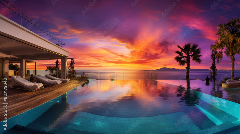 A breathtaking HDR view from a luxury beach villa's balcony, showcasing a panoramic sunset over the ocean, with vibrant colors reflected on the villa's infinity pool.