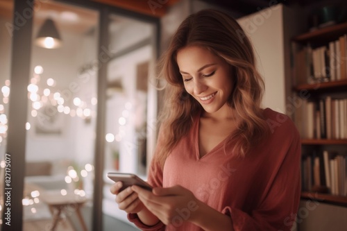 smiling woman looking at cell phone at home
