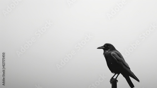 Black Bird Perched on Wooden Pole