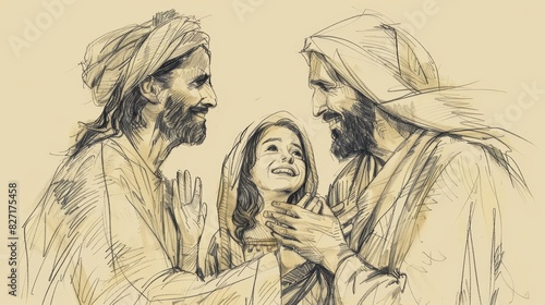 Jesus Raising Jairus' Daughter, Parents Overjoyed, Jesus Saying 'Talitha Koum', Biblical Illustration, Beige Background, Copyspace