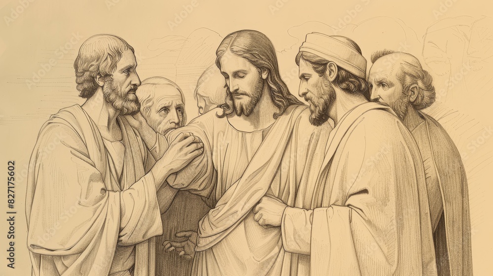 Naklejka premium Jesus Healing Man with Dropsy on Sabbath, Pharisees Watching Closely, Biblical Illustration, Beige Background, Copyspace