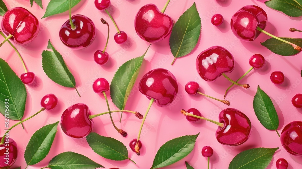 Realistic cherries with leaves and berries on a pink background Realistic cherries with leaves and berries on a pink background
