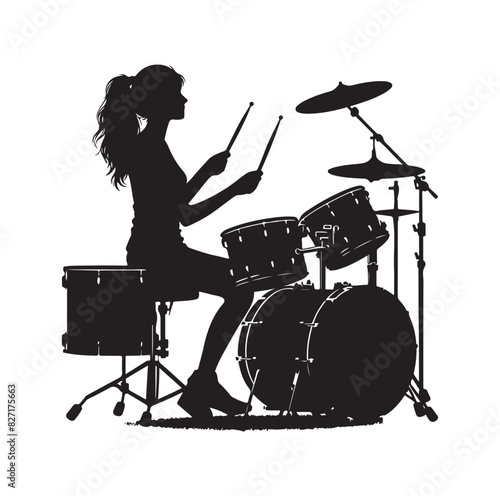 A drummer musician drumming drums in detailed silhouette
