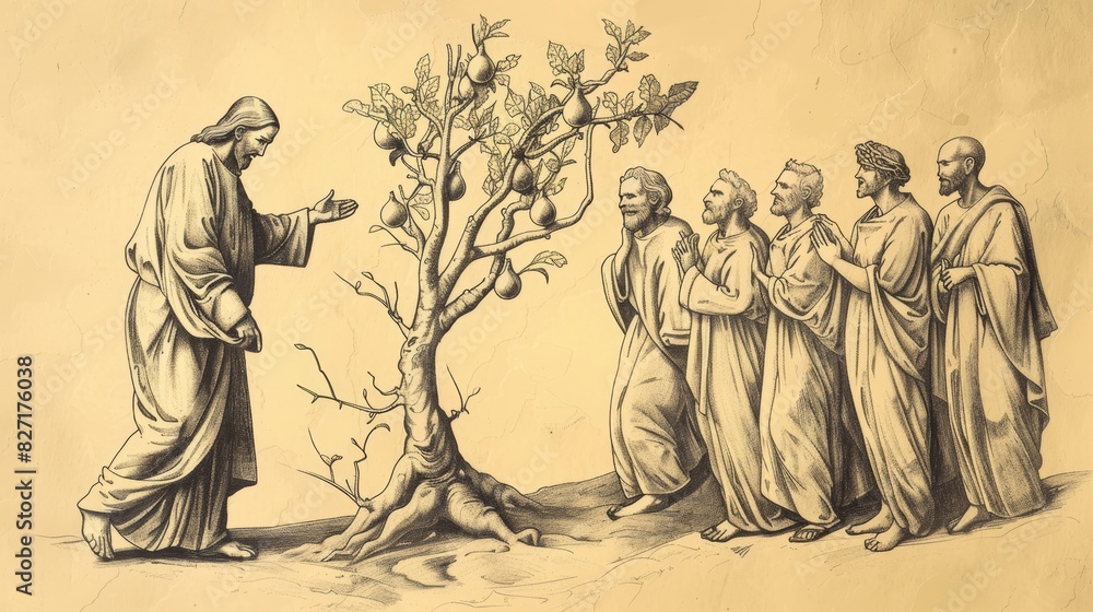Fototapeta premium Biblical Illustration of Jesus Cursing Fig Tree for Bearing No Fruit, Disciples Marveling as It Withers, Beige Background, Copyspace