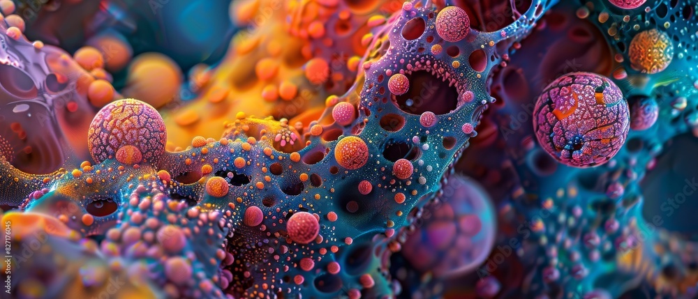 Obraz premium Explore the intricate beauty of a microscopic world in vivid detail Show vibrant cell structures with a surreal touch, highlighting the mesmerizing interplay of colors and shapes