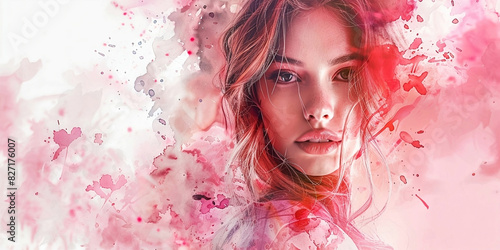Women face watercolor illustration. Rose flowers. Splashes of paint on the face. Horizontal copy space on pastel pink background.