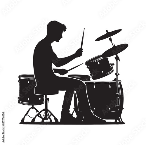 A drummer musician drumming drums in detailed silhouette