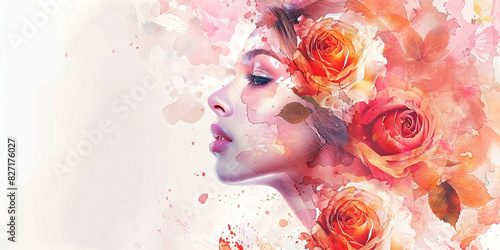 Women face watercolor illustration. Rose flowers. Splashes of paint on the face. Horizontal copy space on pastel pink background.