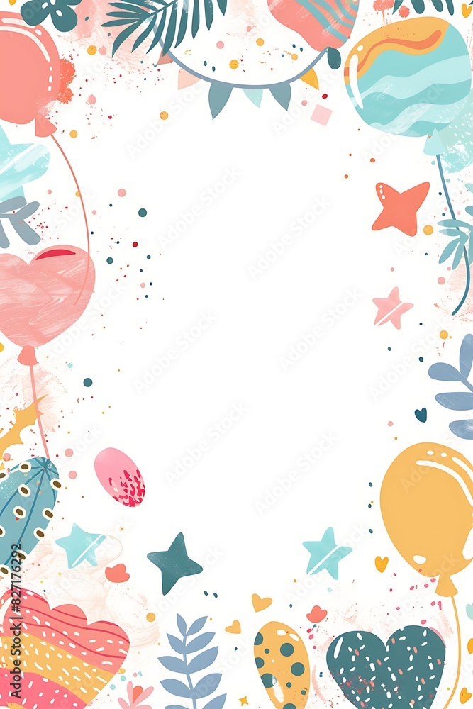 Girly and Cute Pastel Invitation Template with Cartoon Illustrations and Blank Space in Center for Personalization Girly and Cute Pastel Invitation Template with Cartoon Illustrations and Blank Space in Center for Personalization