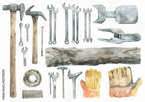 Watercolor clipart Carpenter's tools. craft. Tools for a father's Day greeting card. Carpenter carpenter watercolor illustration for design.