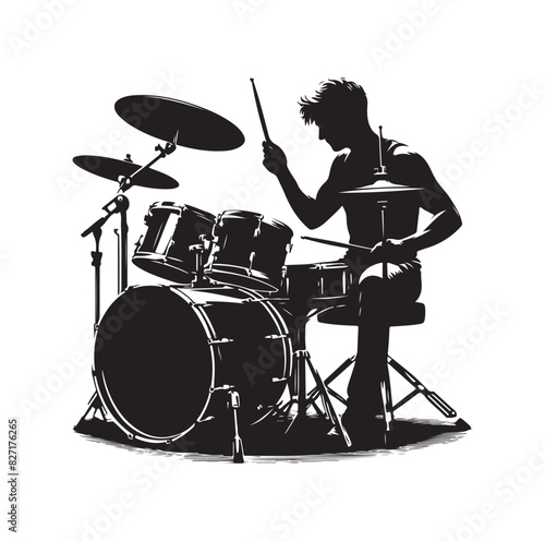 A drummer musician drumming drums in detailed silhouette