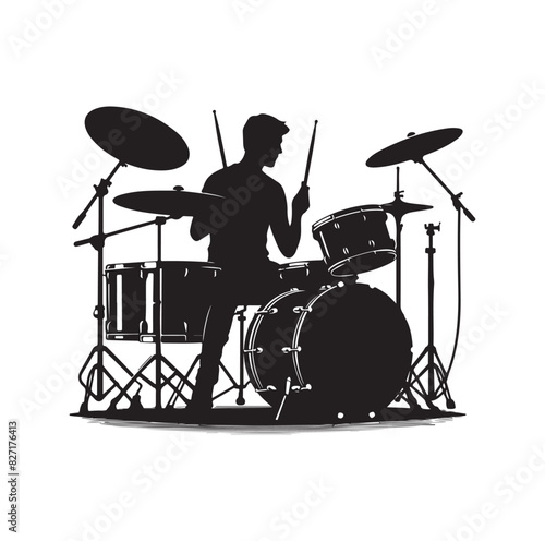 A drummer musician drumming drums in detailed silhouette