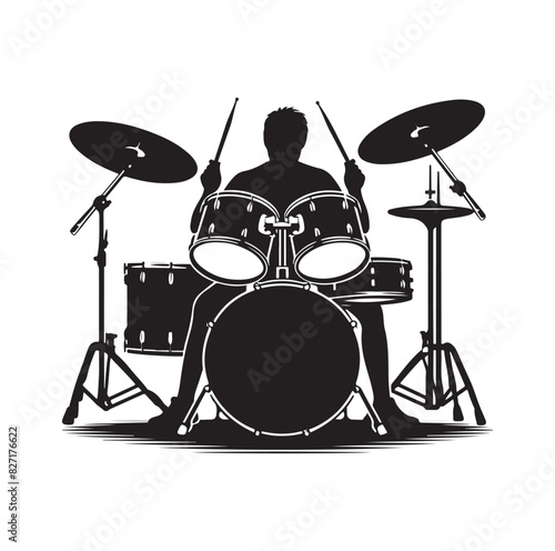 A drummer musician drumming drums in detailed silhouette