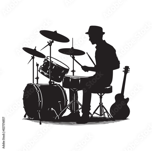 A drummer musician drumming drums in detailed silhouette