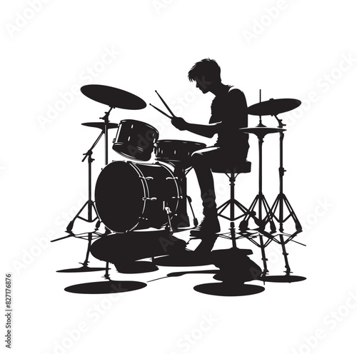 A drummer musician drumming drums in detailed silhouette