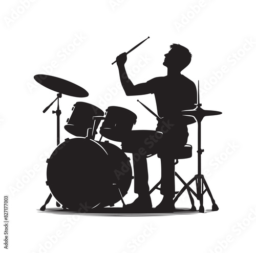 A drummer musician drumming drums in detailed silhouette
