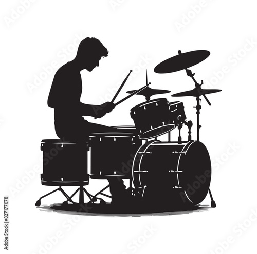 A drummer musician drumming drums in detailed silhouette