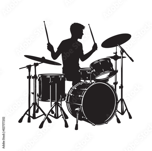 A drummer musician drumming drums in detailed silhouette