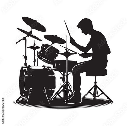 A drummer musician drumming drums in detailed silhouette