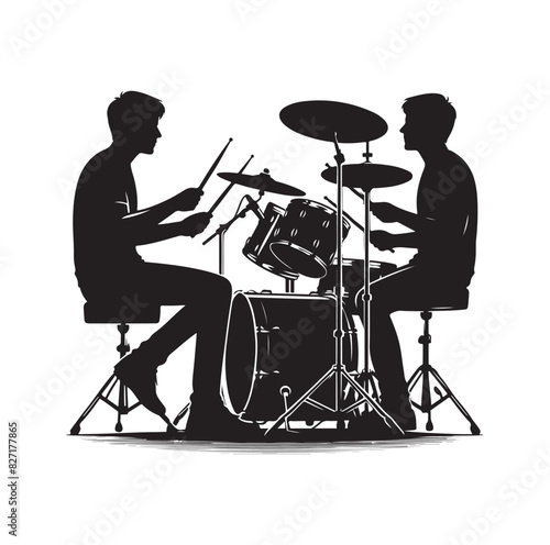 A drummer musician drumming drums in detailed silhouette