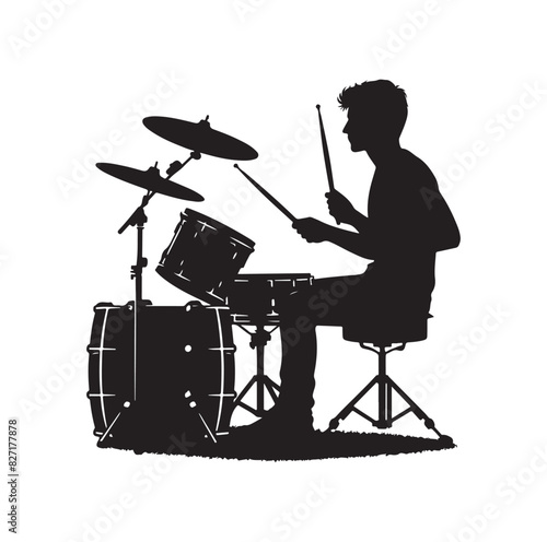 A drummer musician drumming drums in detailed silhouette